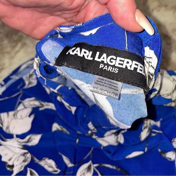 Karl Lagerfeld Paris blue & white keyhole back halter neckline with tie SZ XS - Picture 6 of 9